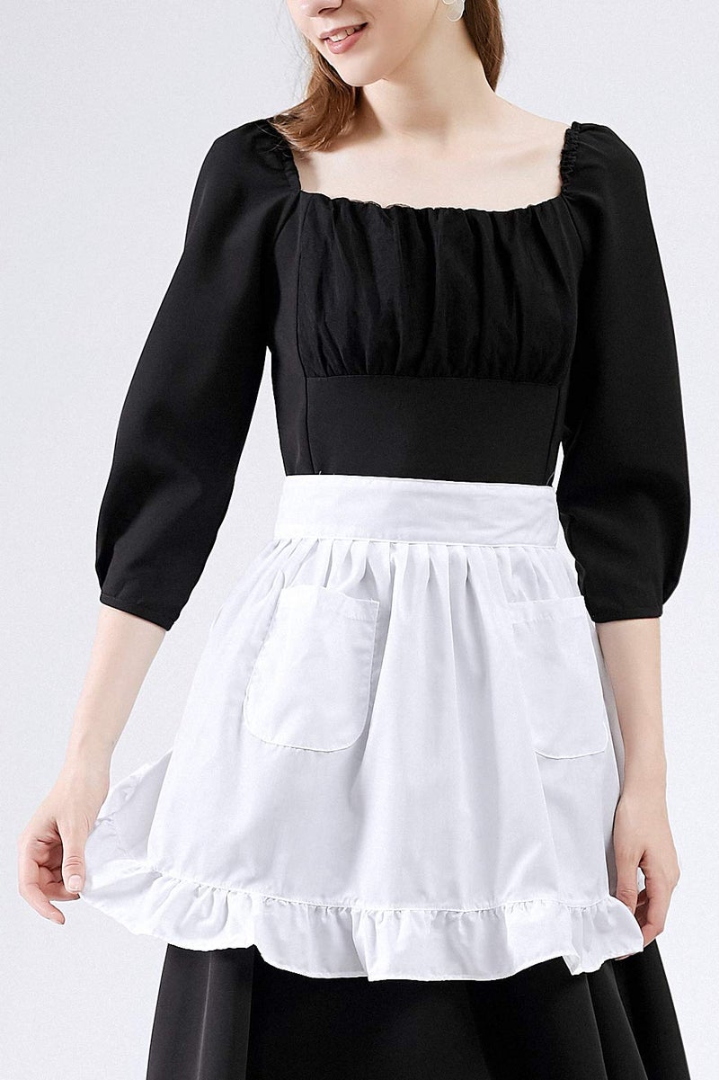 LilMents Twin Pack Retro Kitchen Ruffles Waist Apron with Pockets (White) - Image 5